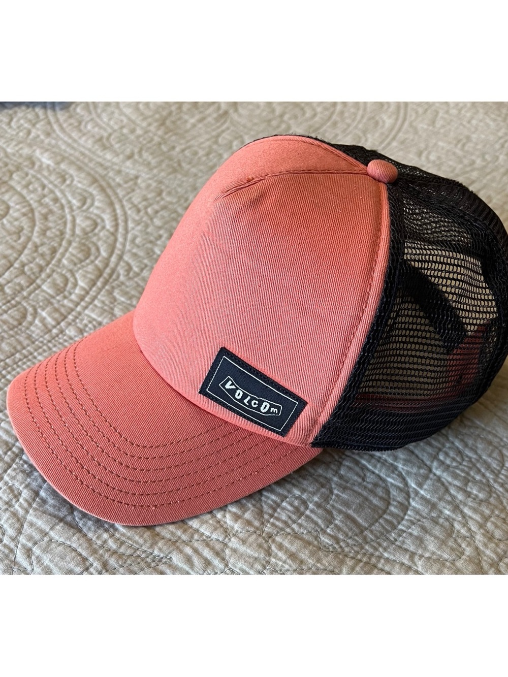 Volcom Coral Pink and Black Mesh Trucker Cap
